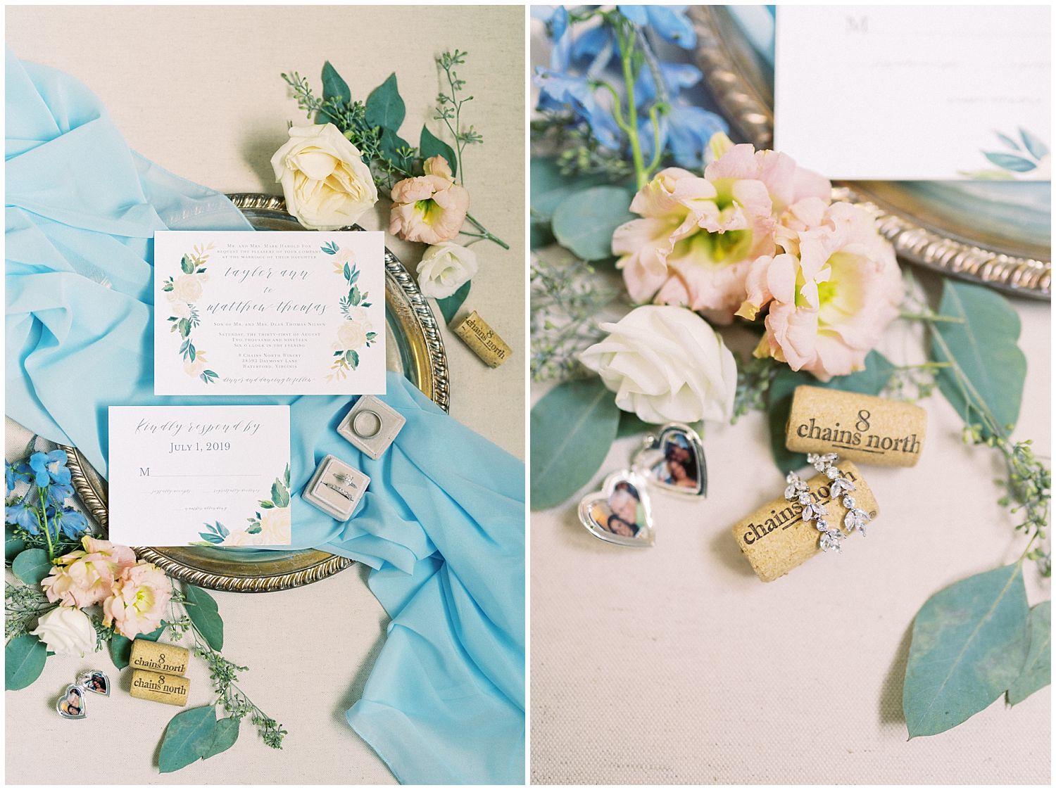 Dusty blue and pink wedding stationery details