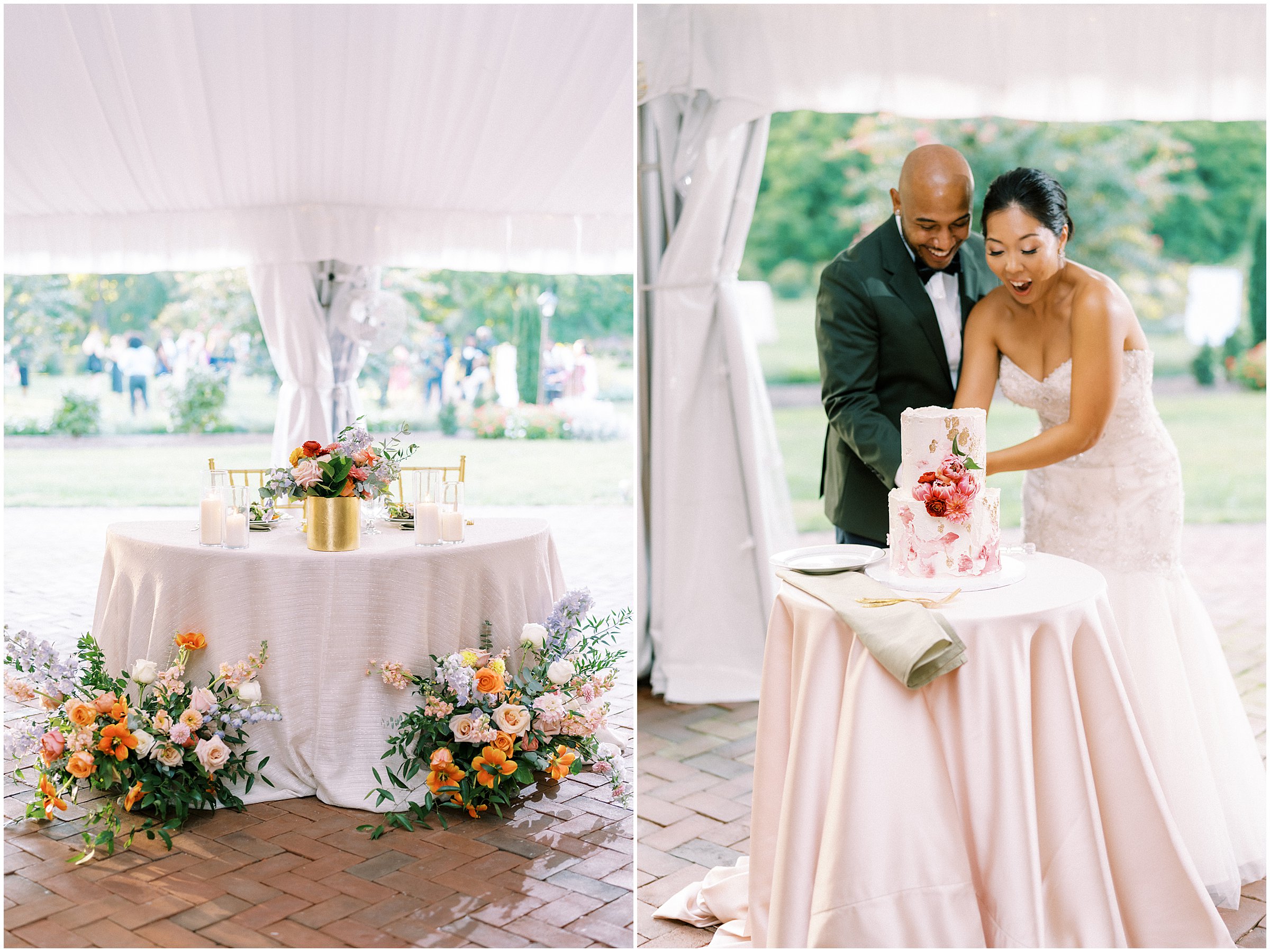 Bride and groom cut cake at Belmont Manor wedding. Captured by Winnie Dora Photography.