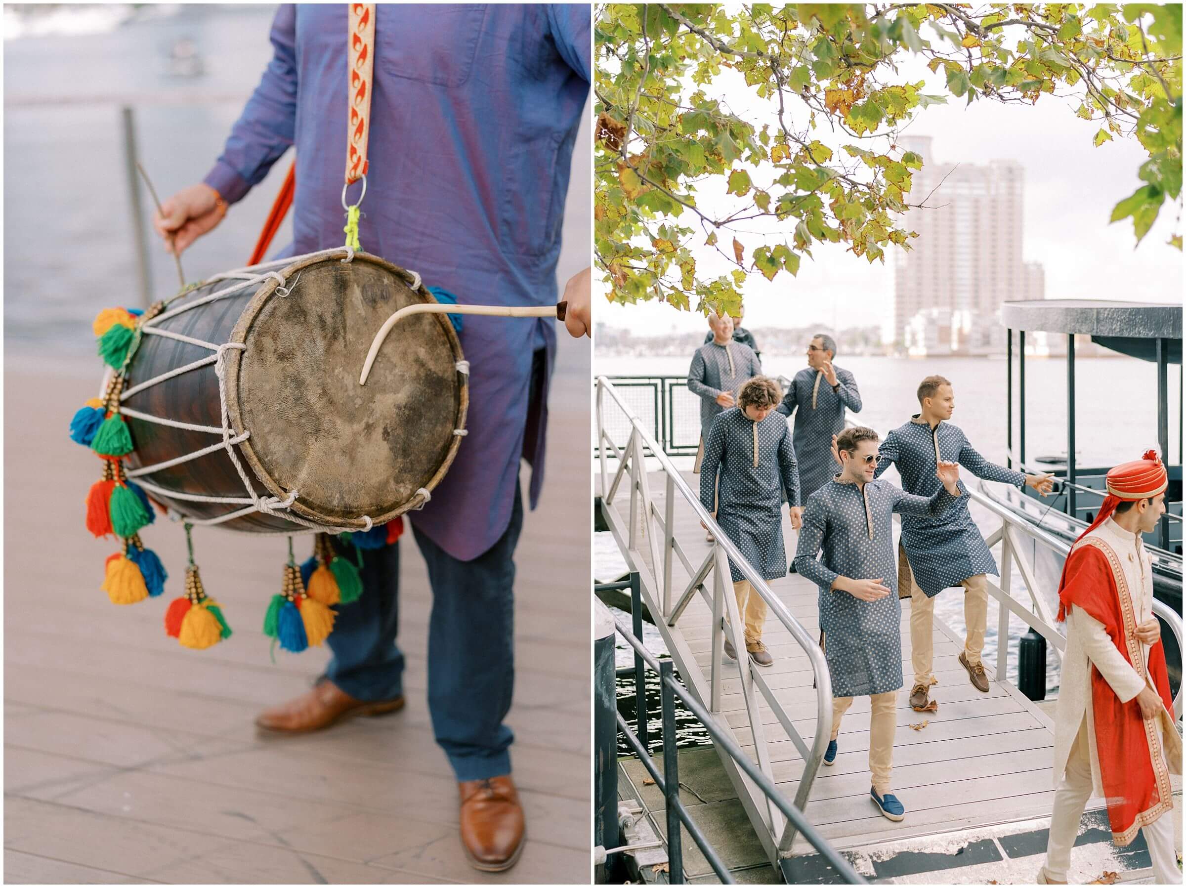 Baraat wedding festivities in the Inner Harbor of Baltimore. Photographed by multicultural wedding photographer Winnie Dora Photography.