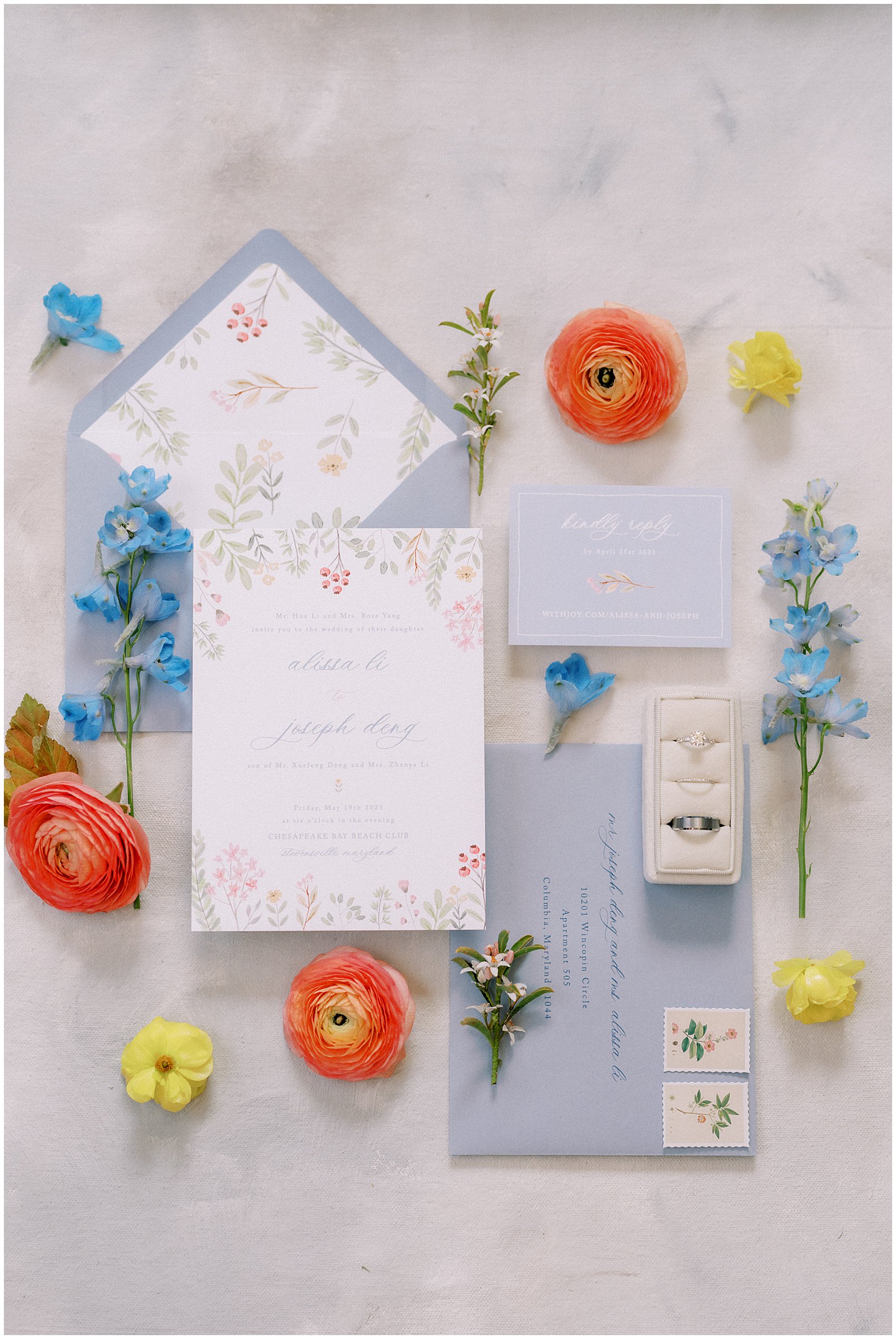 Colorful floral wedding invitations