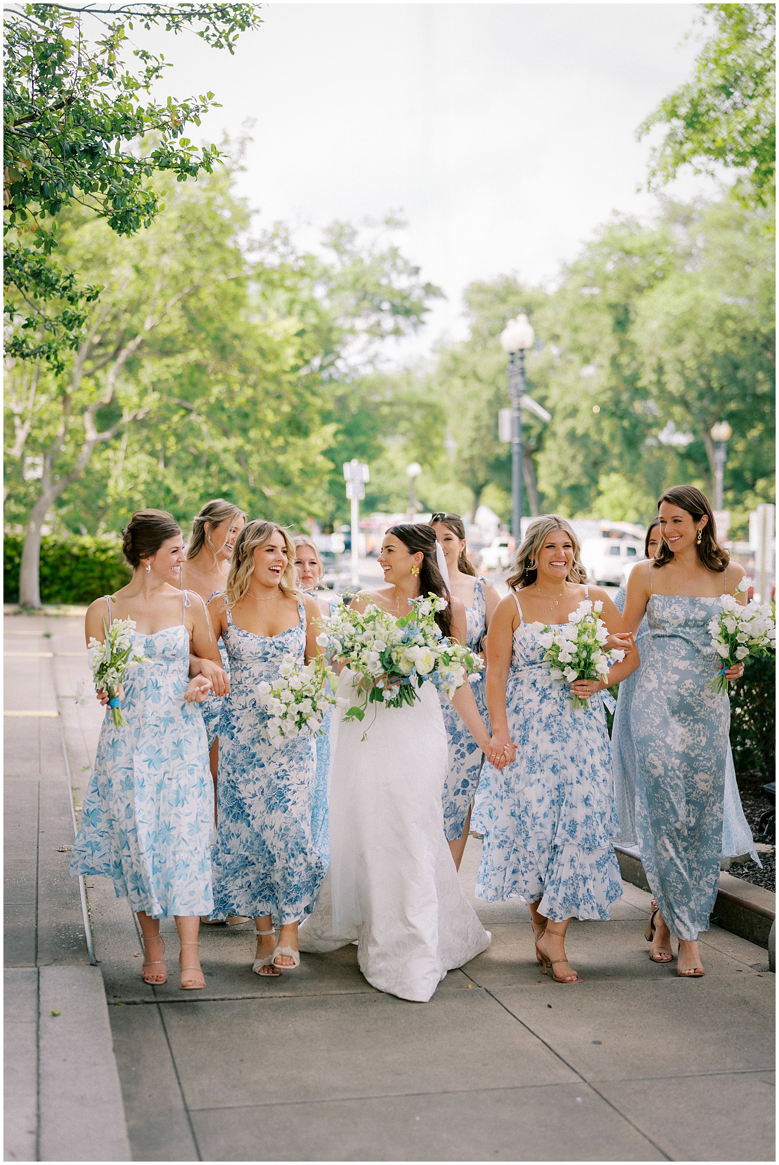 Blue and white floral print bridesmaid dresses