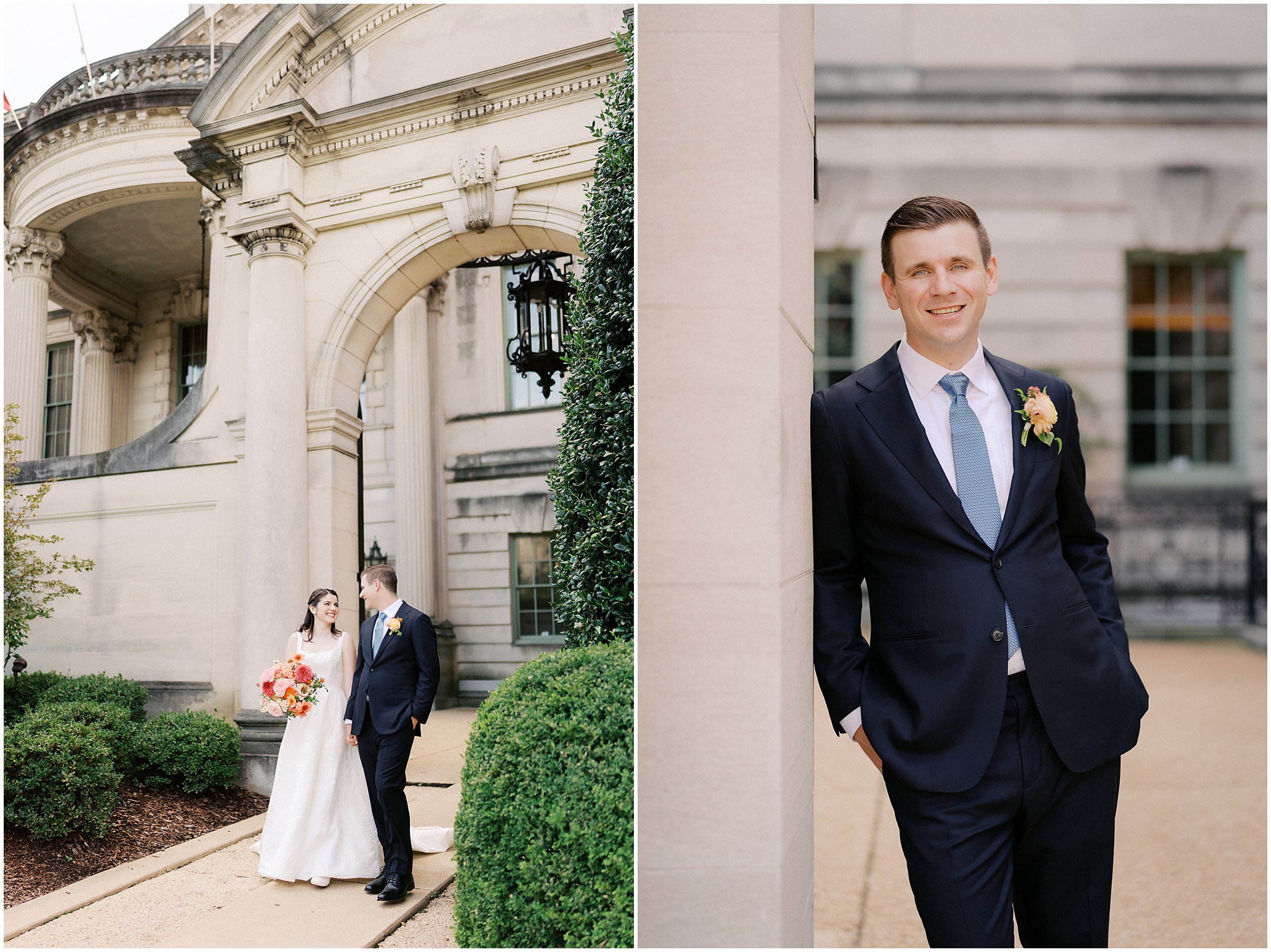 Bride & groom wedding portraits in the front of Larz Anderson House