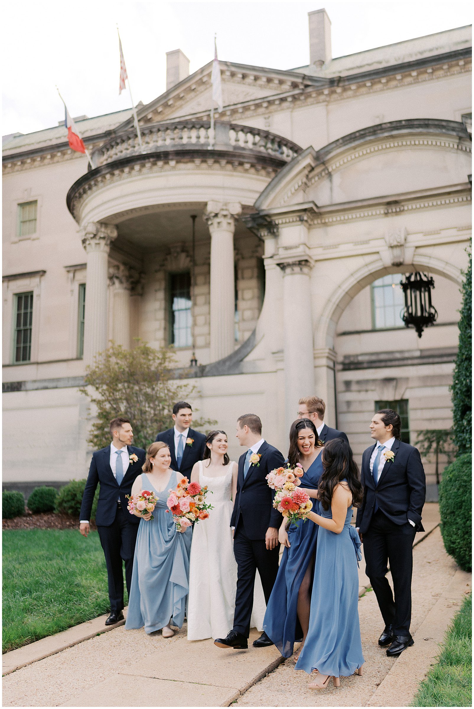 Wedding party portraits in the front of Larz Anderson House in Washington DC