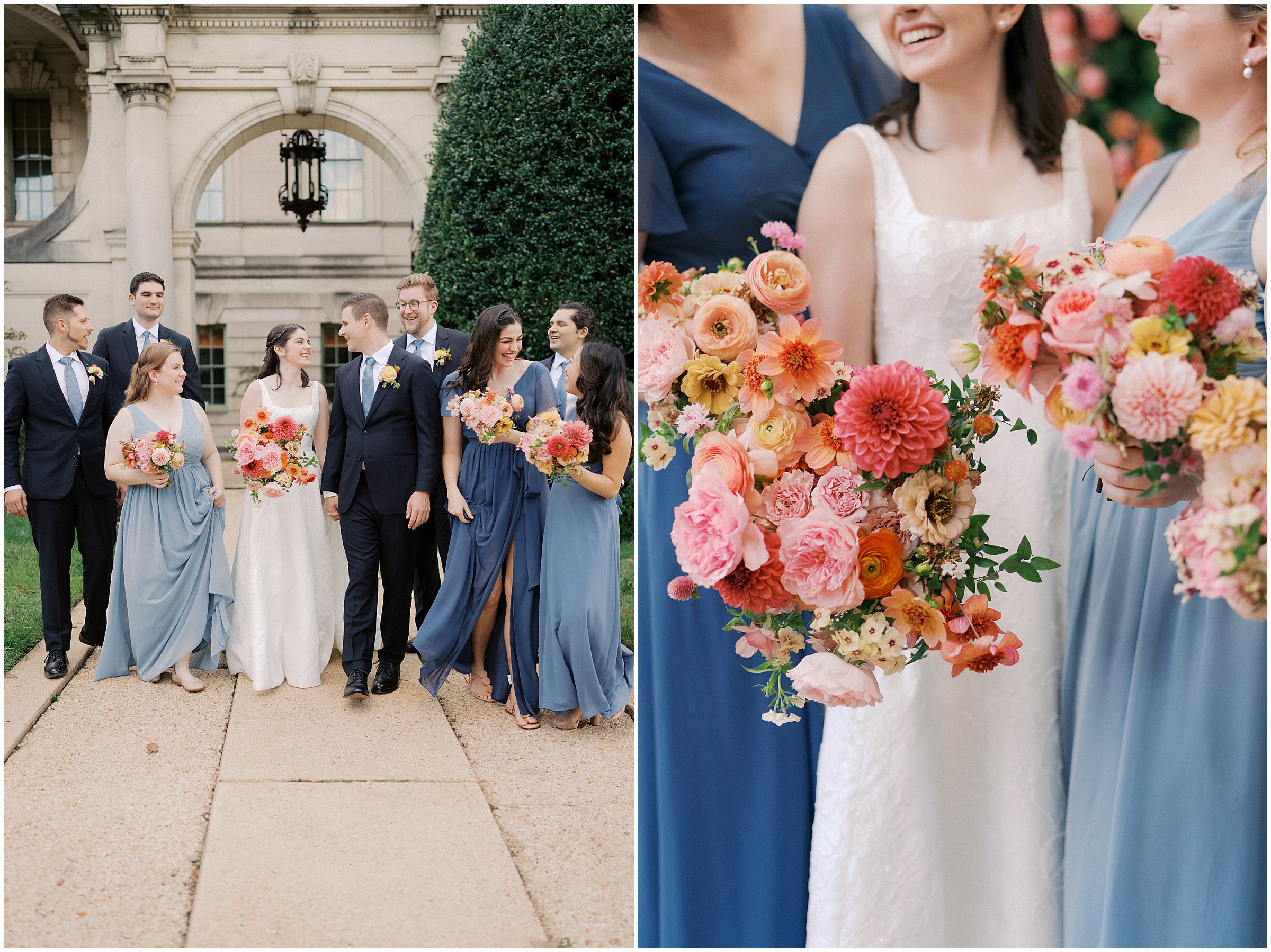 Wedding party portraits in the front of Larz Anderson House in Washington DC