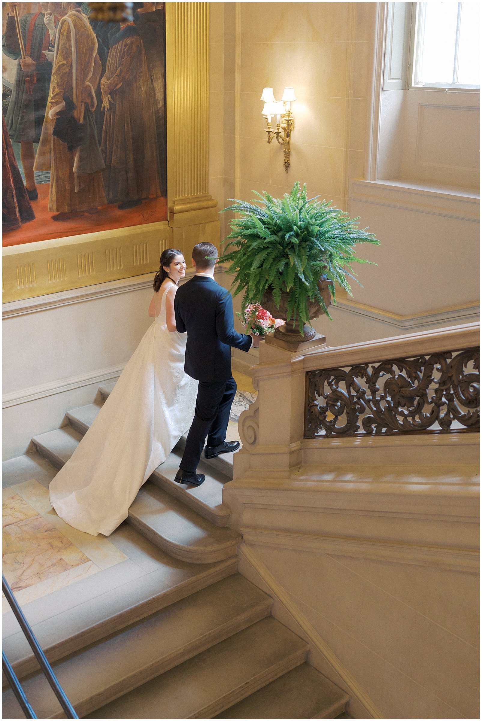 Bride and groom wedding photos inside Larz Anderson House in Washington DC