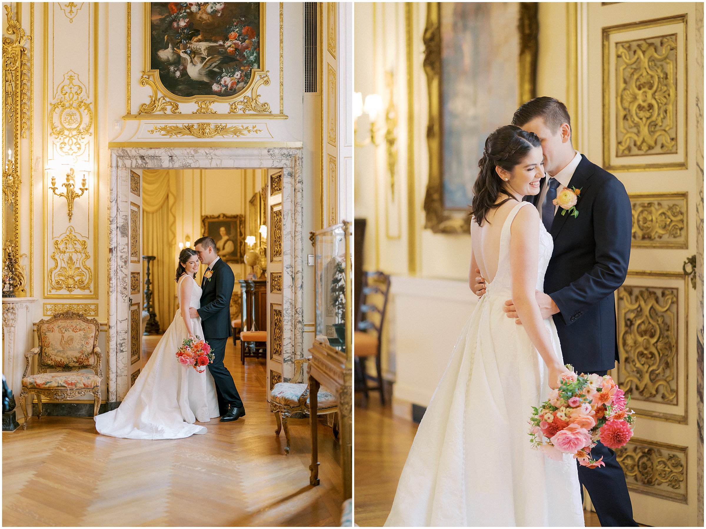 Bride and groom wedding photos inside Larz Anderson House in Washington DC