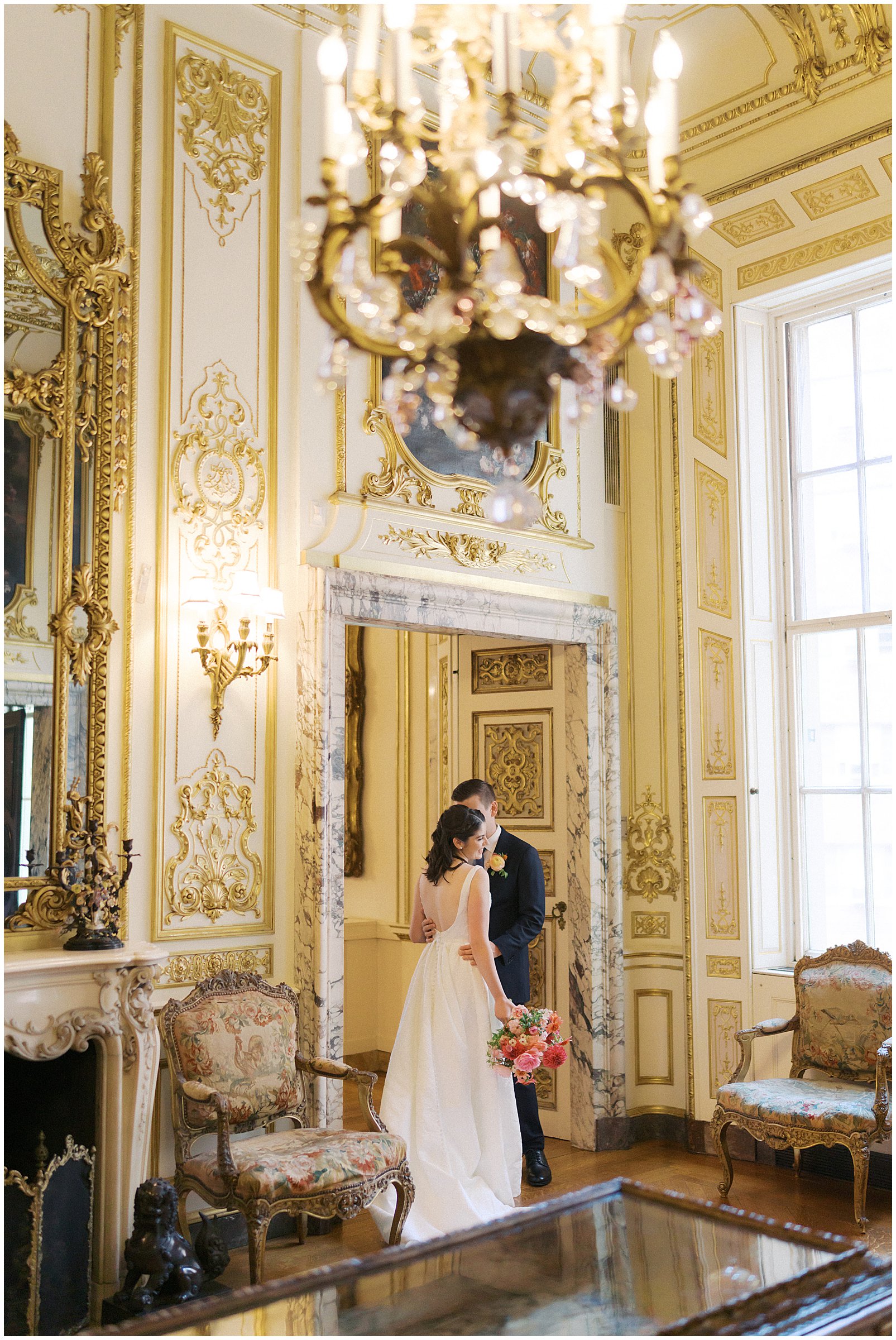 Bride and groom wedding photos inside Larz Anderson House in Washington DC