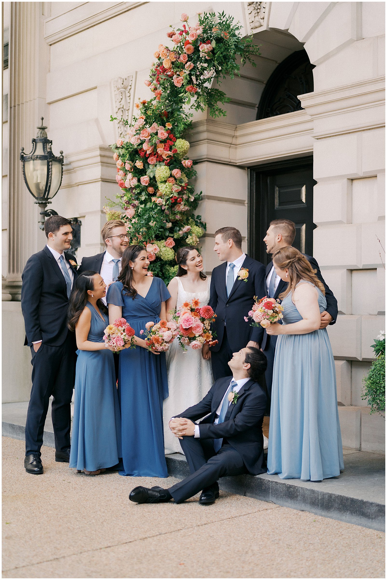 Wedding party portraits in the front of Larz Anderson House in Washington DC