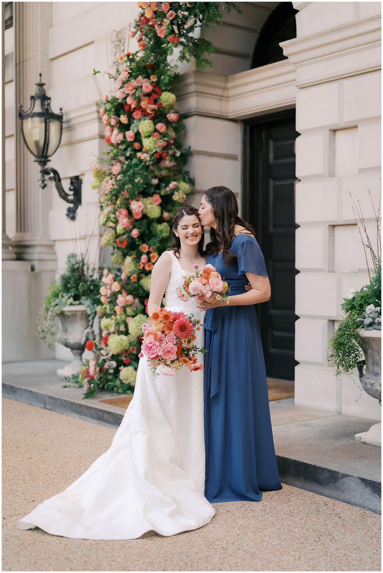 Wedding party portraits in the front of Larz Anderson House in Washington DC